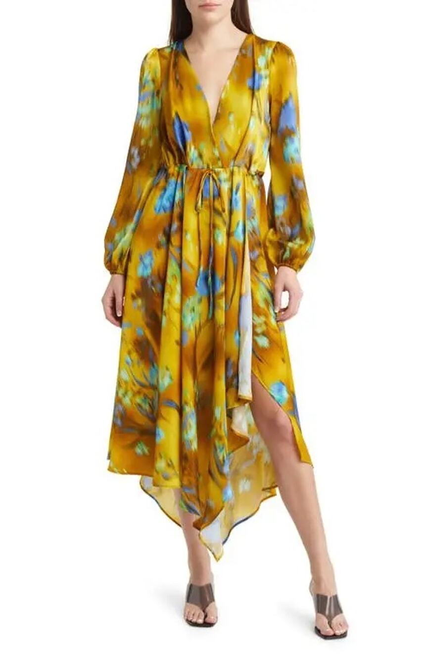 Topshop Blue Gold Abstract Floral Cutout Asymmetric Satin Midi Dress 8 NWT